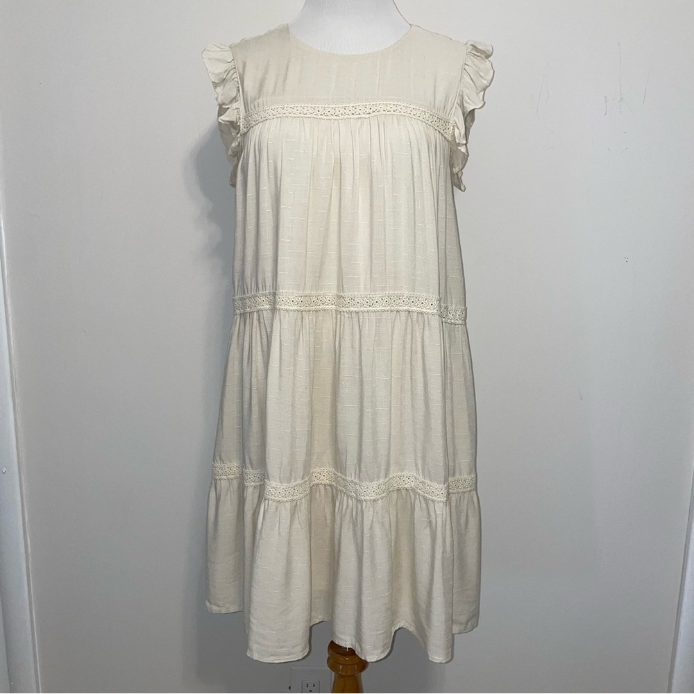 NWT Altar'd State Cream Shift Babydoll Tiered Dress with Ruffle Sleeve Size M